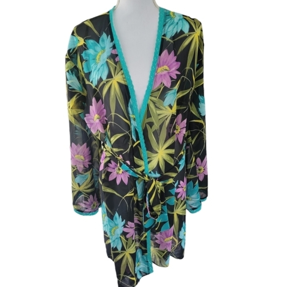 Valerie‎ Stevens botanical floral robe black teal pink size small